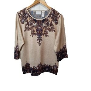 Alfred Dunner Top Womens L Paisley Print 3/4 Sleeve Blouse Embellished Open Knit